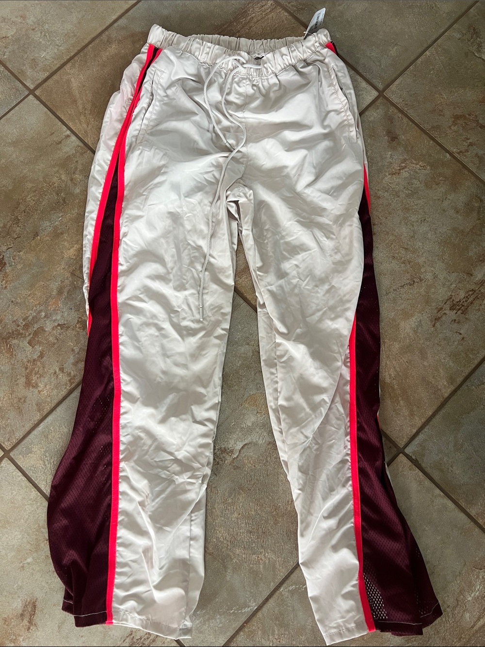 White Track Pants with Burgundy Panels and Pink Trim